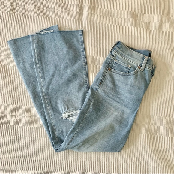 | express • distressed cropped flare hi rise denim jeans | - Picture 7 of 14